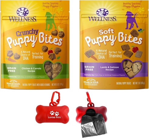 Wellness Puppy Dog Training Treats Natural Grain-Free Puppy Bites (Crunchy and Soft Variety Pack) Bundle with Luving Pets Dog Waste Bag Dispenser...