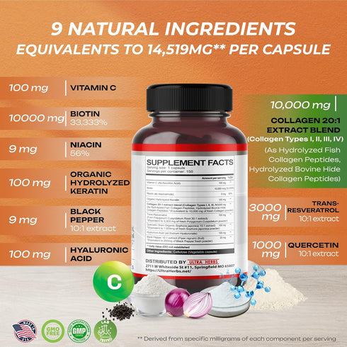 Biotin and Colagen, Keratin, HA, Niacin, Quercetin - 9 IN 1 Hair Growth Support, Skin & Nails Beauty Supplement 14,519mg | 150 Capsules...