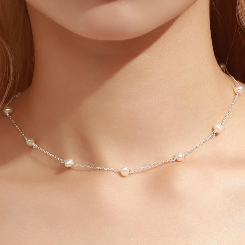 Collner Dainty Pearl Necklace 14K Gold/Silver Plated Cute Single Pearl Necklace Elegant Tiny Pearl Choker Delicate Layered Freshwater Pearl Neckla...