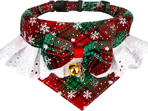 Christmas Pet Bandana with Bell and Pendant for Dogs and Cats, Festive Red and Green Plaid Snowflake Design, Adjustable Sizes for Most Pets, Durab...