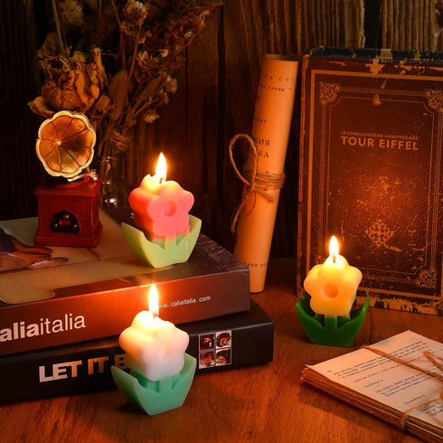 3 Pcs Flower Shaped Scented Candle Set Soy Wax Candle Decor for Table Fireplace Room Aesthetic Cute Gifts for Women Birthday Anniversary Party Fav...