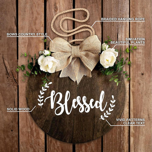 Blessed Farmhouse Welcome Sign, Round Wood Hanging Door Decor with Ribbon Bow and Artificial Greenery, Rustic Front Porch Wreath for Thanksgiving,...