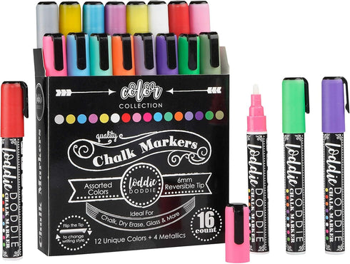 Loddie Doddie Liquid Chalk Markers | Dust Free Chalk Pens - Perfect for Chalkboards, Blackboards, Windows and Glass | 6mm Reversible Bullet & Chis...