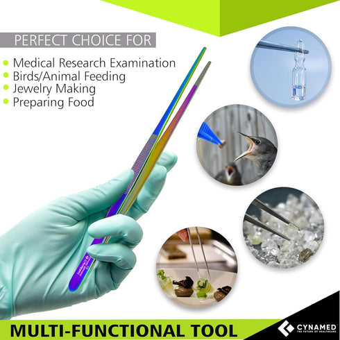 Cynamed 10” Kitchen Premium Tongs Tweezers Stainless Steel, Long with Precision Serrated Tips (Rainbow)...