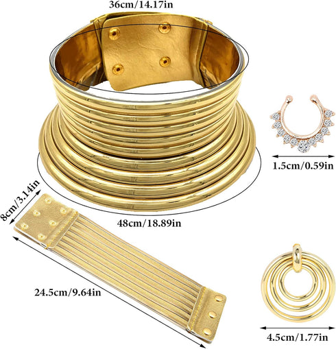 6 Pieces Gold African National Tribal Costume Accessories Set Long Neck Collar Necklaces Metal Bracelet Gothic Chunky Nose Hoop Chain Swirl Earrin...
