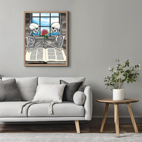 Posterizer 1 pcs-romantic skeletons sharing a flower and reading books 2-Gothic Art-Romantic Art-Living Room Bedroom Decor- unframed wall art...
