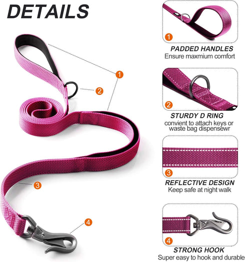 TwoEar 4FT 1IN Strong Rose Dog Leash with 2 Padded Handles, Traffic Handle Extra Control, Comfortable Soft Dual Handle, Auto Lock Hook, Reflective...