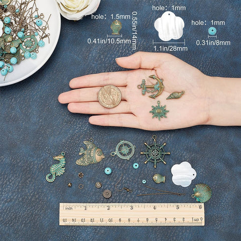 SUNNYCLUE 1 Box DIY 10 Pairs Bohemian Vintage Turquoise Dangle Earrings Set Retro Boho Ocean Theme Jewellery Making Kit Shell Seahorse Charms Holl...