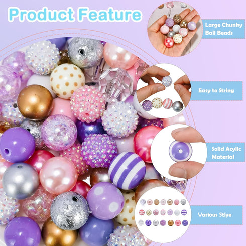 100pcs Bubblegum Beads 20mm Chunky Beads Large Gumball Rhinestone Pearl Beads with 96pcs Tiny Round Spacers, Extender Chains, Beading Wire (Pink &...