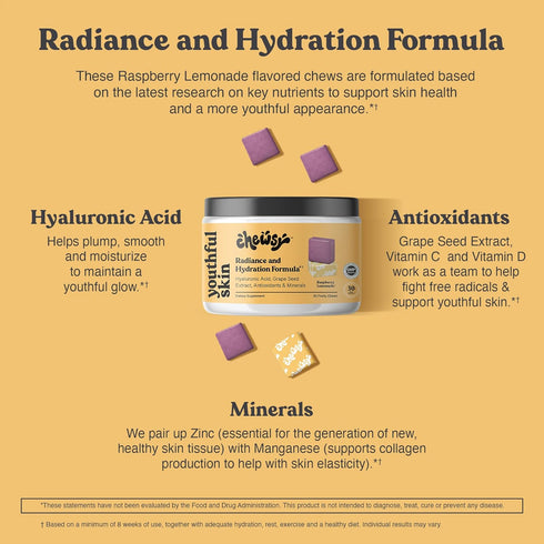 Youthful Skin, Fruity Chews Vitamins, Radiance & Hydration Formula, Hyaluronic Acid, Grape Seed Extract, Antioxidants & Minerals, Vitamins Raspber...