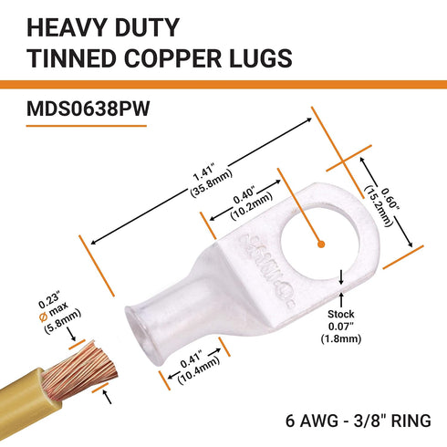 SELTERM 2pcs 6 AWG 3/8" Stud Tinned Copper Wire Lugs, Battery Lugs, Ring Terminals, Battery Cable Ends, 6 Gauge Ring Terminal Connectors, UL Marin...