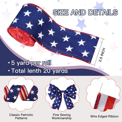 20 Yards Patriotic Wired Edge Ribbon 4th of July Star Strip Burlap Ribbon Red Blue White American Flag Decorative for Independence Day Memorial Da...