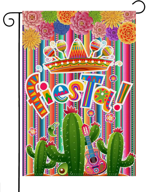 Linen Mexican Fiesta Garden Flag Double Sided Serape Dahlia Decorations Yard Decoration Cactus Avocado Guitar Decor Day of The Dead Dia De Los Mue...