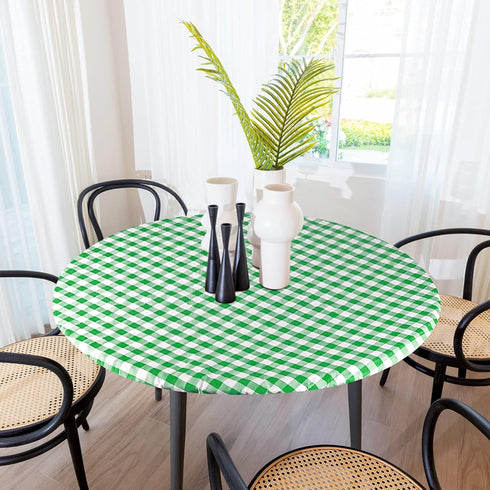 Sorfey Round Tablecloth -Fitted with Elastic, Vinyl with Flannel Back, Fits for Table 30 Inches Round,Water Proof, Easy to Clean, Checked Green De...