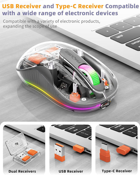 Wireless Bluetooth Transparent Mouse, 2.4GHz with USB & Type-C Two Receiver Compatible with Mac/ipad, 2400 DPI, Portable Laptop Silent Rechargeabl...