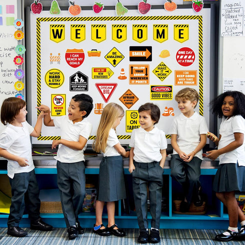 Zonon 36 Pcs Construction Bulletin Board Decorations Welcome Classroom Sign Positive Poster Banner Motivational Sign Cutouts for Pre School Elemen...