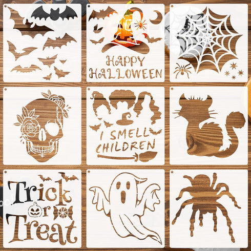 Halloween Stencils for Painting on Wood Walls Crafts Canvas, Reusable Happy Halloween/Trick or Treat/Spider Web/Skull/Bats/Cat/Ghost Painting Sten...