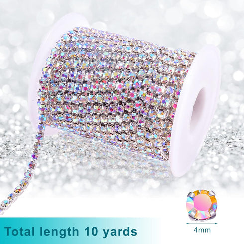 BLINGINBOX Rhinestones Chain 10 Yards SS16/4mm Crystal AB Glass Sew On Rhinestones Cup Chain with Silver Bottom Sew On Trim(ss16-4mm, Crystal AB-S...