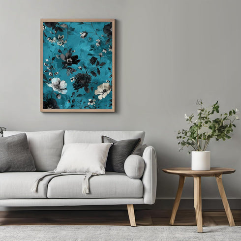 Posterizer 1 pcs-white and black dainty flowers with blue background-Floral & Botanical Art-Abstract & Modern Art-Decor for Home & Office- UNFRAME...