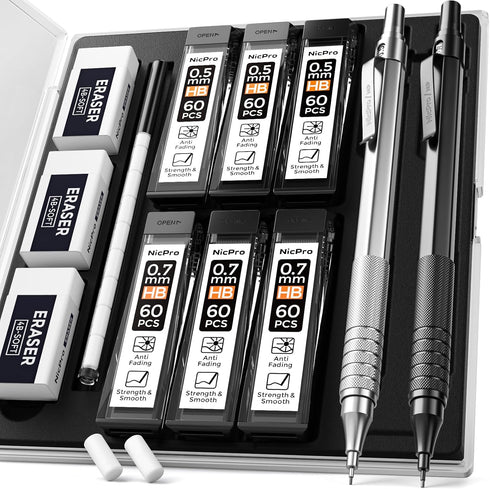 Nicpro 2 PCS Mechanical Pencils 0.5mm & 0.7 mm with Case, MP1000 Metal Artist Pencil Set with 6 Tubes HB Lead Refills, 3 Erasers, 9 Eraser Refills...
