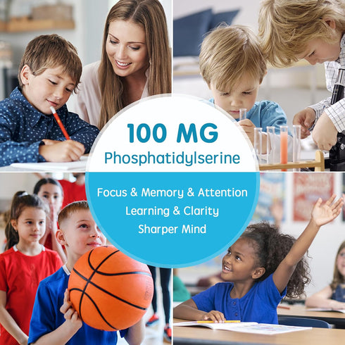Sugar Free Phosphatidylserine Supplement 100mg, Kids Brain Gummies w/ Vitamin D3 400IU, Vitamin C for Focus & Memory, Concentration, Attention, Bo...