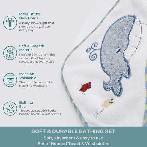 Spasilk Bath Hooded Towels & Washcloths Set for Babies, Hooded Terry Bath Towel & 4 Washcloths, Blue...
