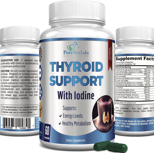 Thyroid Support with Iodine - Metabolism Booster, Energy Booster, Increase Focus - Premium Non-GMO Thyroid Supplement 60 Capsules...