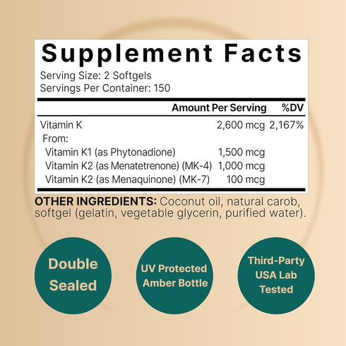 NatureBell Vitamin K Complex, K1 + K2 (MK-7 & MK-4) 2,600mcg Per Serving, 300 Coconut Oil Softgels | Max Absorption – Full Spectrum K Vitamins Sup...