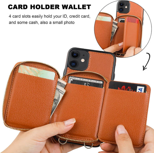 Bocasal RFID Blocking Wallet Case for iPhone 11, Adjustable Crossbody Zipper Purse Case Card Holder with Kickstand Detachable Wrist Strap, PU Leat...
