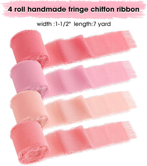 Boao 4 Rolls Handmade Fringe Chiffon Silk Ribbon 1.5" x 7yd Pink Assorted Ribbon Frayed Ribbons for Wedding Invitations Bridal Bouquets Gifts Wrap...