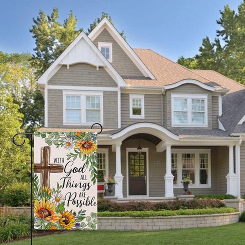With God All Things Are Possible Christian Decorative Garden Flag, Religious Cross Sunflower Spring Summer Easter Yard Outside Decorations, Inspir...