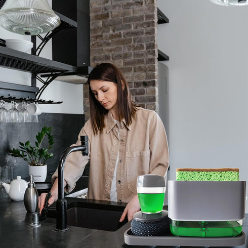 Kitchen Dish Soap Dispenser with Sponge Holder,Sink Countertop Organizer,4-in-1 Upgrade Set,Kitchenware Soap Dispenser Brush,Silicone Tray,Dishwas...