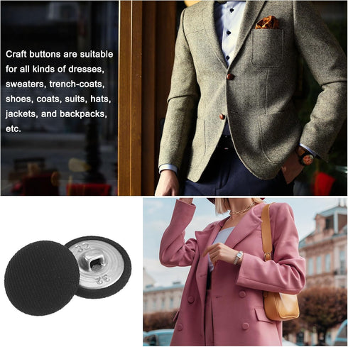 10pcs 32L Fabric Cloth Covered Button 20mm Round Metal Shank Sewing Buttons for Suits Dress Blouses, Black...