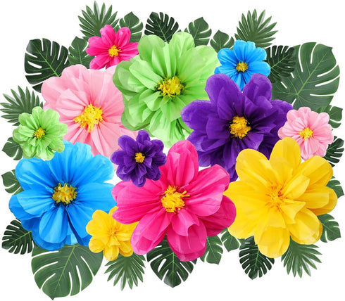 42 Pcs Tissue Paper Flowers Faux Palm Leaves Set 12 Pcs 20''/10'' Colorful Giant Paper Flowers and 30 Pcs Tropical Leaves for Summer Hawaiian Luau...
