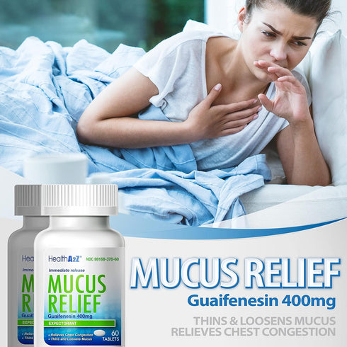 HealthA2Z® Mucus Relief | Guaifenesin 400mg | Immediate Release | Expectorant (60 Counts)...
