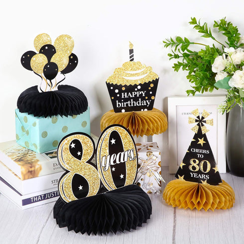 Outus 8 Pcs 80th Birthday Table Decorations for Men and Women Happy 80th Honeycomb Centerpieces Black Gold Cheers to 80 Years Decor 1945 Tables To...