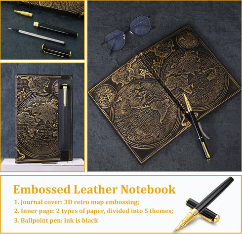 Vintage Map Embossed Leather Notebook Travel Journal-Daily Notepad-Business Notebook-Drawing Notebook, Antique Handmade, Lined Hardcover.with a Co...