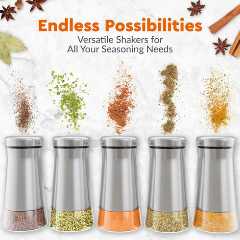 HOME EC Original Salt and Pepper Shakers Set with Adjustable Pour Holes - Glass and Stainless Steel Salt Shaker and Pepper Shaker - Farmhouse Spic...