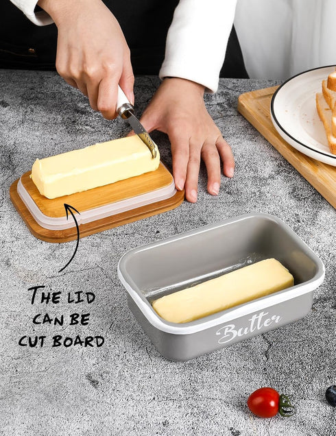 Butter Dish with Lid for Countertop, AISBUGUR Metal Butter Keeper with Stainless Steel Multipurpose Butter Knife, Large Butter Container with Doub...