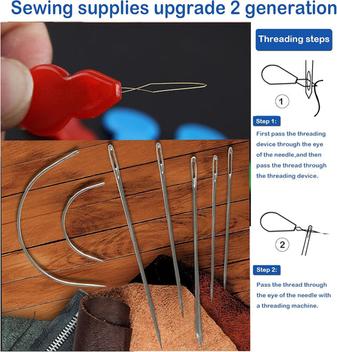 Pikdmin 7+1 Pcs Heavy Duty Hand Sewing Needles Kit, 5 Leather Hand Sewing Needle 2 Curved Needle and 1 pcs needle threaders for Home Upholstery,Le...