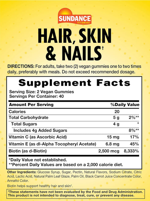 Sundance Hair, Skin, and Nails Gummies | with Biotin 2,500 mcg | 80 Count | Fruit Flavor Vitamin | Vegan, Non-GMO, and Gluten Free Supplement...