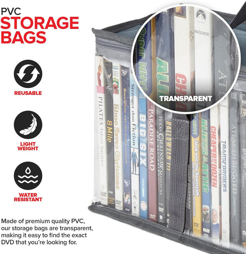 Stock Your Home DVD Storage Bags (Set of 2) Media Organizer Bag for DVDs, CDs, Blu Ray Disc, Movie Cases, VHS Box, Video Game Disks, Clear Plastic...