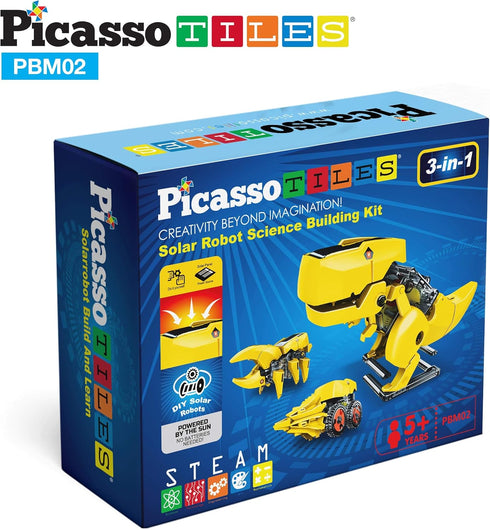 PicassoTiles STEM Kids Solar Powered Dinosaur Robot Educational Learning Engineering Building Toy 3-in-1 Creative Unique Transformation Renewable ...