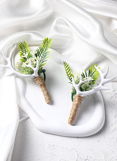 Woodland Boutonniere for Men Set - 2PC Handmade Greenary Corsage for Wedding White Antler Boutonniere for Groom Groomsmen Formal Dinner Party Cere...