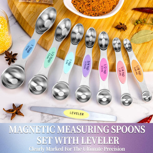 Magnetic Measuring Spoons Set of 8 with Leveler, Stainless Steel Metal Measuring Spoon, Dual Sided for Measuring Dry and Liquid Ingredients, Teasp...