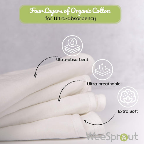 WeeSprout Unisex Organic Towel Cotton Burp Cloths, Set of 4, Four Ultra-Absorbent Layers Keep Clothes Dry, Button Transforms into Baby Bib, Machin...