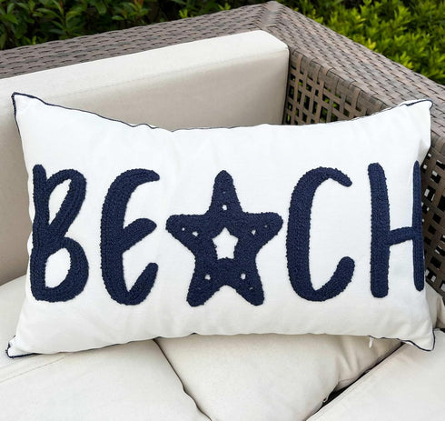 Nautical Style Embroidered Beach Throw Pillow Cover, White, 20" x 12"...