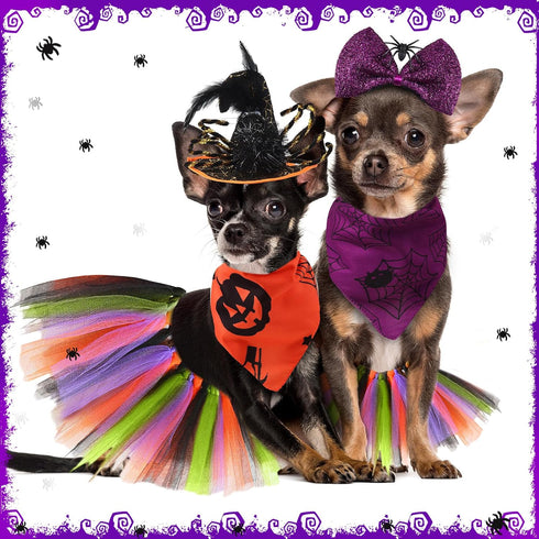 6 Pieces Pet Halloween Costume Dog Accessories includes Tulle Tutu Skirt Halloween Dog Bandana Cute Headband Wizard Hat with Spider Halloween Cost...