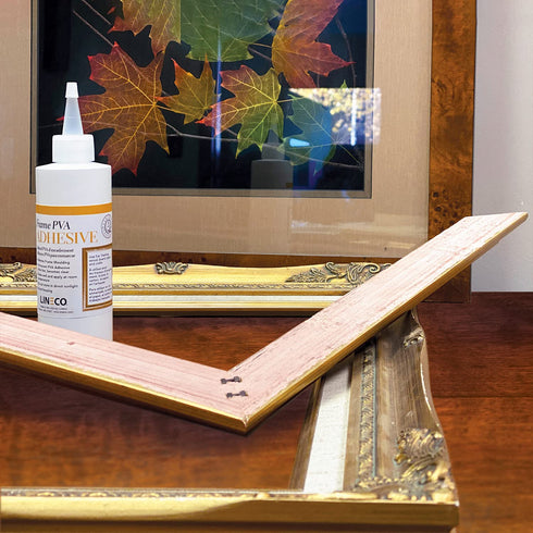 LINECO PVA Adhesive, Picture Frame Glue, Adhere Wood or MDF Frames, Dries Clear Flexible, 8 oz, Ideal for Wood Paper Board Framing Collage Crafts ...