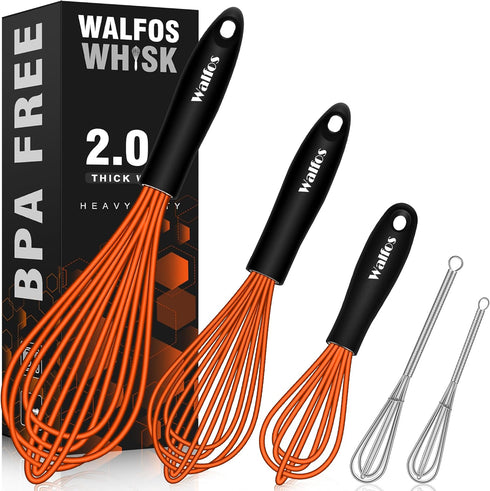 Walfos Whisk, Silicone Whisks Set of 5, Mini Stainless Steel Whisk 7+5in and Non Scratch Coated 7+9+11in Whisks, Suitable for Blending, Whisking, ...